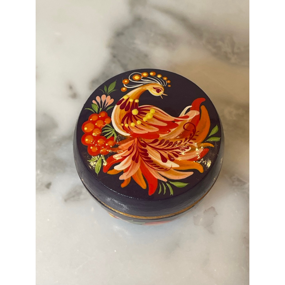 Vintage Russian Hand-Painted Wooden Box Signed Timoshenko V Floral Firebird 2”